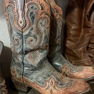 Embroidered Leather Cowboy Boots - Black and Brown